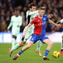 LONDON, ENGLAND - FEBRUARY 12: Adam Wharton of Crystal Palace holds off Ben Chilwell of Chelsea during the Premier League match between Crystal Palace and Chelsea FC at Selhurst Park on February 12, 2024 in London, England. (Photo by Julian Finney/Getty Images)