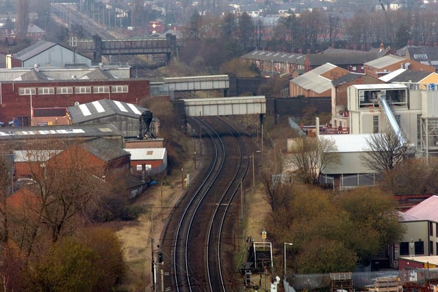 The railway line going north through Plungington and Cadley, as pictured from the top of St Walburge's church spire in 2004
