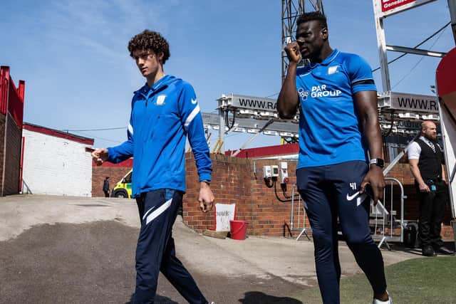 Preston North End's Mikey O'Neill and Bambo Diaby ahead of the Gentry Day game at Barnsley in April