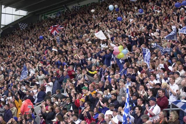 PNE fans pack the Bill Shankly Kop for the play-off clash with Birmingham in 2001
