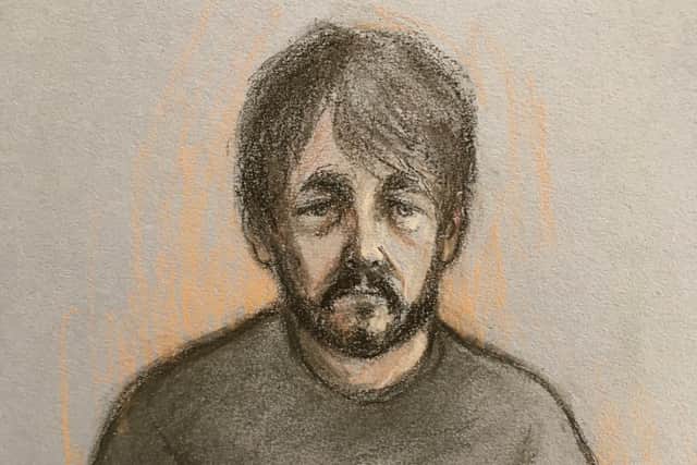 A court artist sketch by Elizabeth Cook of Andrew Burfield appearing by video-link from HMP Preston at Preston Crown Court. Burfield, 51, has pleaded guilty on the third day of his trial at Preston Crown Court to the murder of 33-year-old Katie Kenyon, whose body was found in the Forest of Bowland, Lancashire, in April