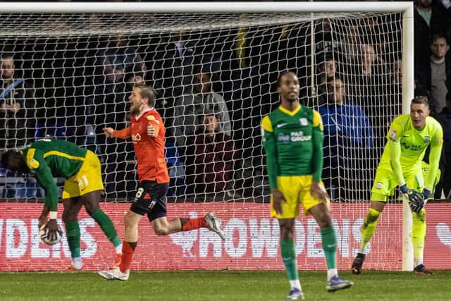 Luton Town's Luke Berry celebrates scoring his side's third goal against Preston North End