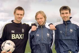 Graham Alexander (left), Paul McGregor and Mark Winstanley after signing for Preston North End in March 1999