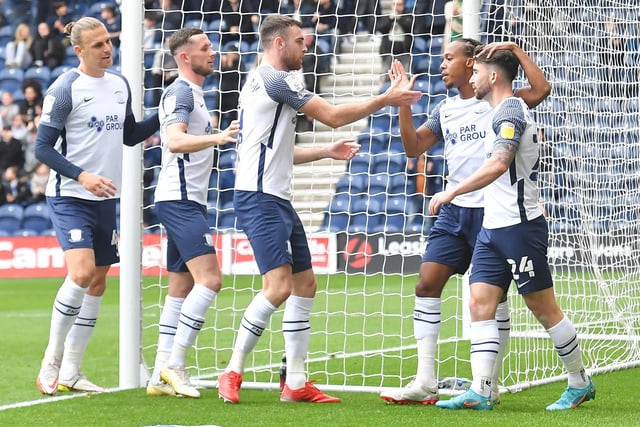 Preston North End players celebrate scoring the first goal of the game.