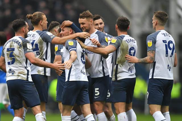 Patrick Bauer celebrates with team-mates after scoring for Preston North End against Birmingham at Deepdale in January