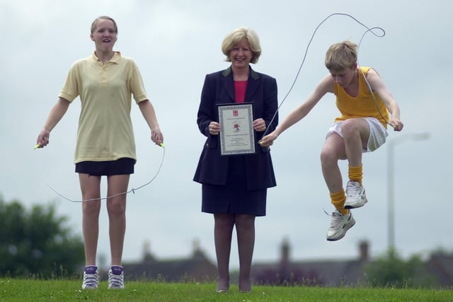 British Heart Foundation area organiser Carole Gemson with two sponsored skippers - Heather Hudon and William Wilson - from Ashton High School, Preston in the year 2000