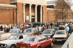 This image shows a large group of protestors gathered outside Saul Street Baths to complain about its closure