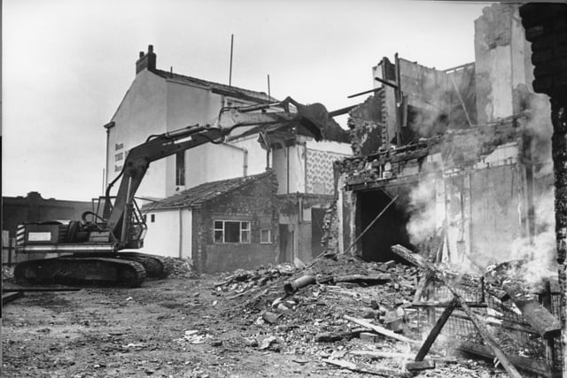 Demolition work on The Rosebud at the corner of New Hall Lane and London Road in 1989, following the closure of the pub in 1988