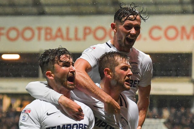Preston North End's Sean Maguire is congratulated on scoring his sides second goal