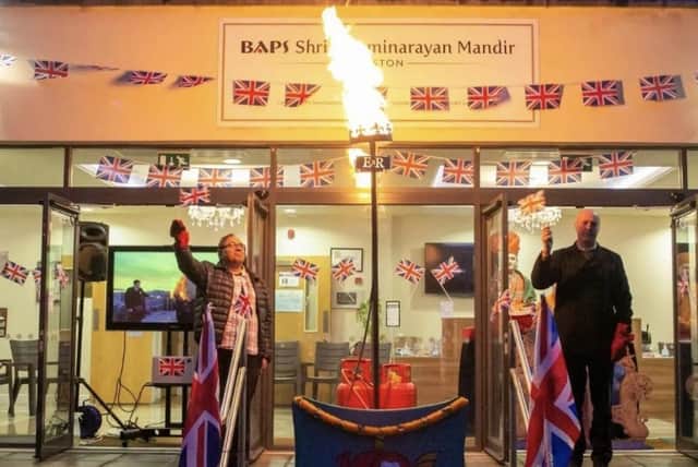 The lighting of the Jubilee Beacon at Preston's BAPS Swaminarayan Mandir Hindu temple