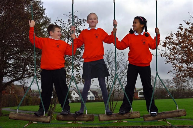 Children from Garstang Community Primary School, Garstang have fun on the rope swings. Pictured (left to right): Morgan Clarkeson, 10, Imogen Thompson, 10, and Lubna Bukhri, 10