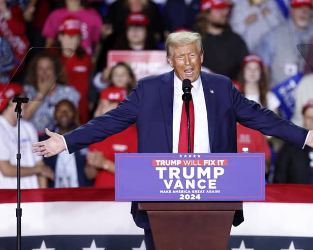 Donald Trump speaks during a campaign rally at Van Andel Arena in Grand Rapids, Michigan on November 5 2024.