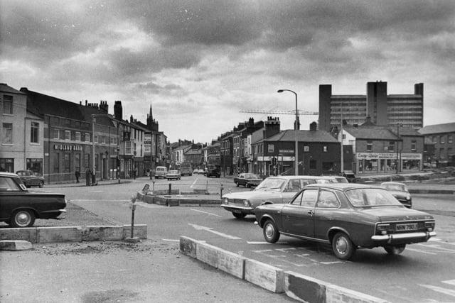 A temporary roundabout at the junction of Church Street and Stanley Street in Preston town centre in 1972. This junction is much changed today