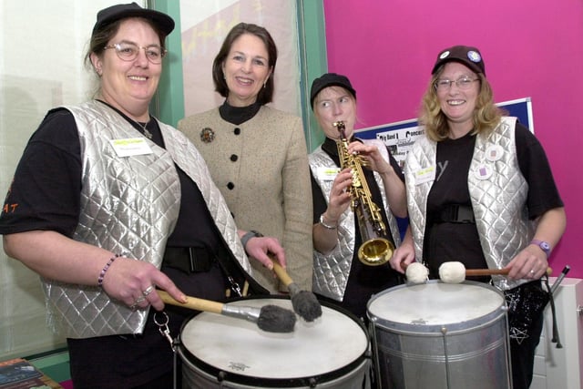 Art minister Baroness Blackstone with Bay Beat musicians (left to right) Pat Fletcher, Jan White and Sue King - opening the refurbished Hothouse in Morecambe