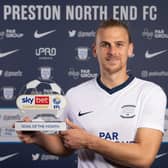 Brad Potts poses with his goal of the month award. Credit: Ian Robinson/PNEFC.