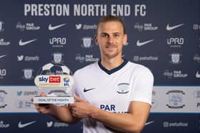 Brad Potts poses with his goal of the month award. Credit: Ian Robinson/PNEFC.