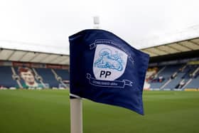 PRESTON, ENGLAND - AUGUST 10: General view of Preston North End logo on a corner flag at Deepdale home of Preston North End prior to the Sky Bet Championship match between Preston North End and Wigan Athletic at Deepdale on August 10, 2019 in Preston, England. (Photo by Lewis Storey/Getty Images)