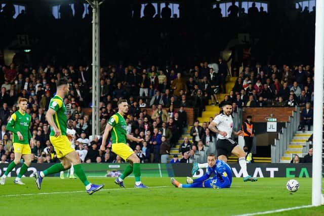 Fulham striker Aleksandar Mitrovic scores the opening goal against Preston North End at Craven Cottage