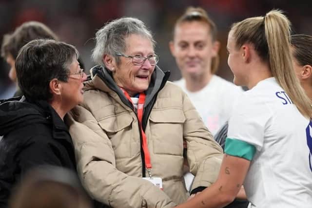 Photo Neil Cross; England's first captain Sheila Parker of Chorley received her cap 50 years late as guest of honour at Wembley