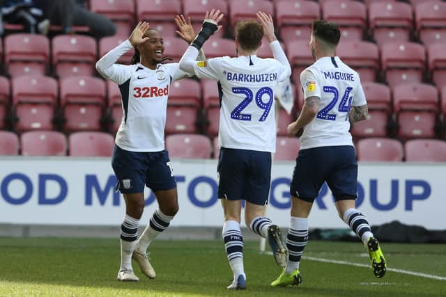 PNE's Daniel Johnson celebrates scoreing what proves to be the winning goal.