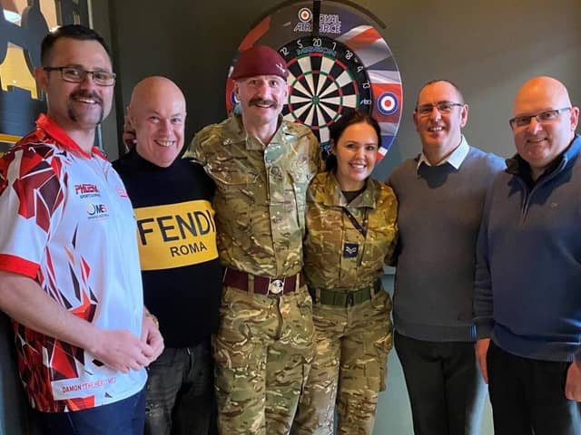 L to R: Damon “The Heat” Heta, his Manager, Matt Elkin, WO2 Lee “Foxy” Fox, Cpl Zara Warhurst, Wayne. Photo:  SSAFA