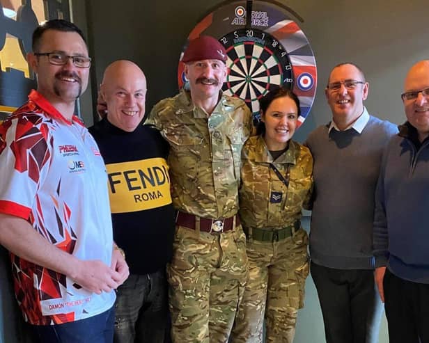 L to R: Damon “The Heat” Heta, his Manager, Matt Elkin, WO2 Lee “Foxy” Fox, Cpl Zara Warhurst, Wayne. Photo:  SSAFA