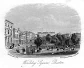 Etching from  the south east side of Winckley Square showing the gates across the road restricting access  to vehicles driving past the residents' homes.