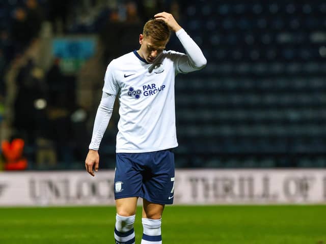 Preston North End's Liam Delap leaves the field dejected