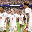 Harry Kane celebrates with teammates after scoring in the FIFA World Cup 2026 Group L match between England and Croatia at Dallas Stadium on June 17, 2026 in Arlington, Texas. (Photo by Charlotte Wilson/Getty Images)