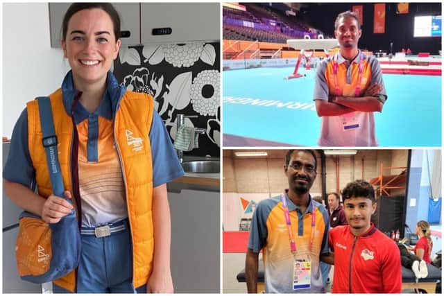UCLan MSc Sports Medicine students Alison McCaul, Nagarjuna Marem and Suyash Gore were medical volunteers at the Commonwealth Games. Pictured above: Alison and Nagarjuna