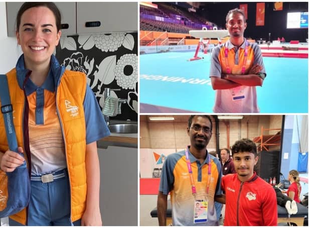 UCLan MSc Sports Medicine students Alison McCaul, Nagarjuna Marem and Suyash Gore were medical volunteers at the Commonwealth Games. Pictured above: Alison and Nagarjuna