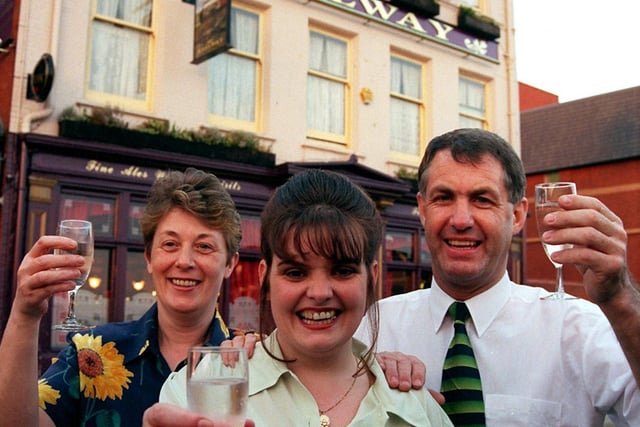 Preston College student, Ethel Mullarkey (centre) with Veronica and Sylvester O'Gara from the Railway pub in Butler Street in Preston after regulars from the pub raised over £1,000 to send students on the World Wide Women Expedition Nepal 1998