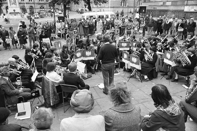 Tulketh High School band gave a lunchtime recital on Preston's Flag Market, as part of the town's Octocentenary celebrations in 1978. Guest of honour was ex-pupil Kim Lofthouse, for whom it has become quite a custom to join the old school band