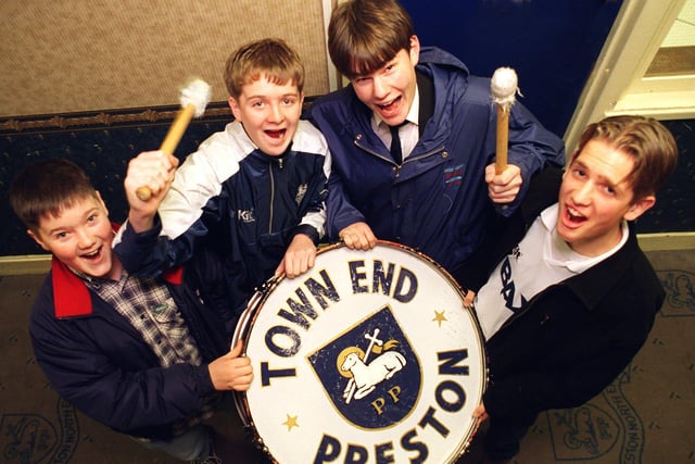 Drumming up support... Simon Carter, Neil Bontoft, Simon Gooch and Richard Lavery appeal to build a Preston North End band