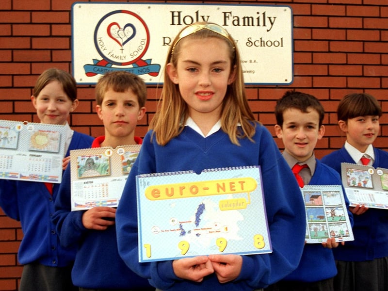 The children of Holy Family Roman Catholic Primary School, Ingol, Preston, who have had their pictures published in the Euronet Calendar are, from left Samantha Monks, Leigh Cox, Ella Thompson, Stephen Bamber, and Kathryn Bielby