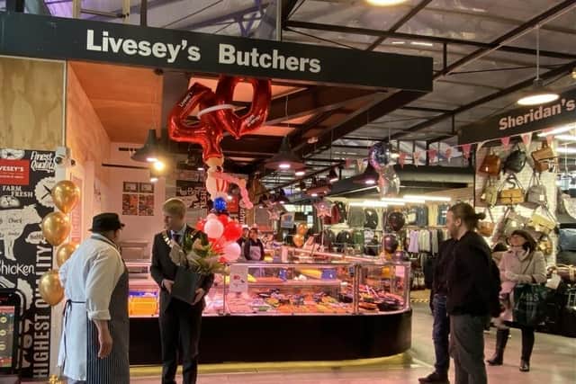 Preston mayor Neil Darby at Livesey's Butchers, which butcher Adrian Livesey has run now for 40 years