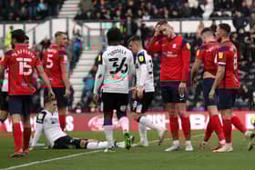 Preston North End defender Liam Lindsay is sent-off against Derby County at Pride Park