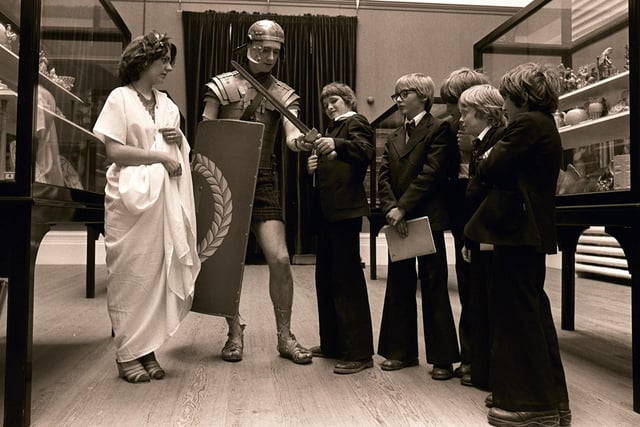Pupils from Tulketh High School learn about Roman times during a visit to Harris Museum in 1978