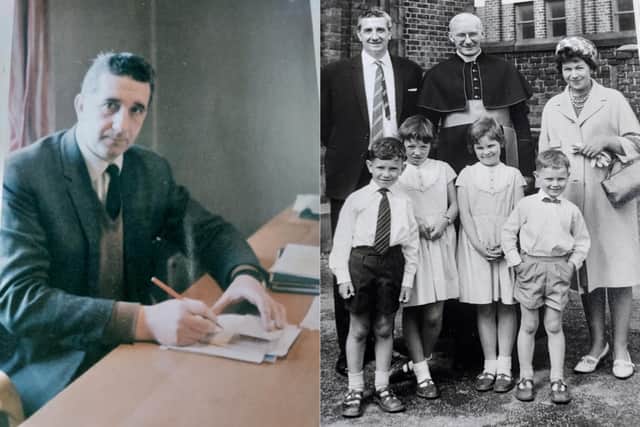 Left: James Callagher in his office at St Joseph's. Right: Outside the school with Monsignor O'Neil and his children Martin, Catherine, Helen and Kevin in 1964