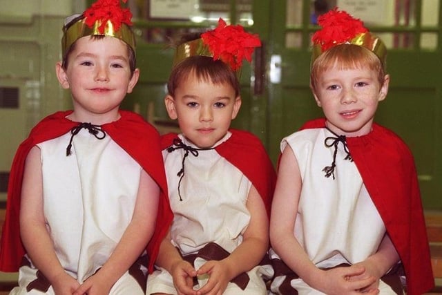 Waterloo Primary School nativity, 1996. Three soldiers Daniel Jones and Kyle Jack (both 4), and 5 year-old James McAdam.