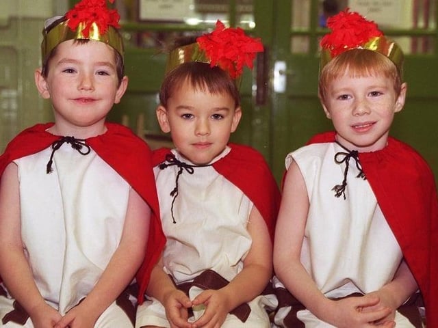 Waterloo Primary School nativity, 1996. Three soldiers Daniel Jones and Kyle Jack (both 4), and 5 year-old James McAdam.