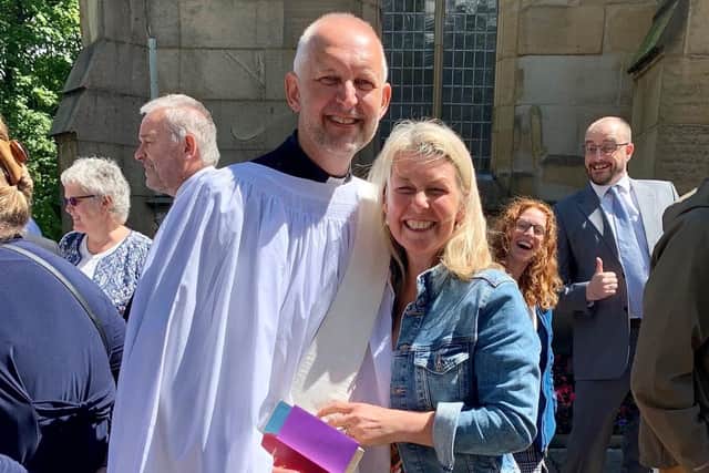 Reverend Martin McDonald and his wife Tracey celebrate his ordination at Blackburn Cathedral