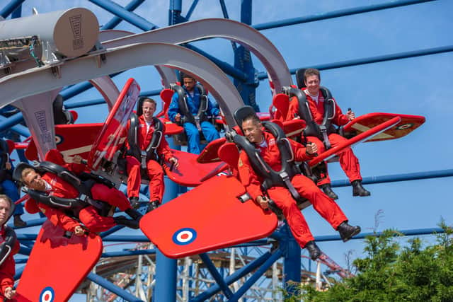 Red Arrows team try out the Red Arrows Skyforce ride at Blackpool Pleasure Beach