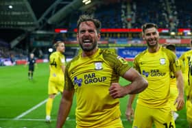 Preston North End's Greg Cunningham celebrates scoring the opening goal at Huddersfield.