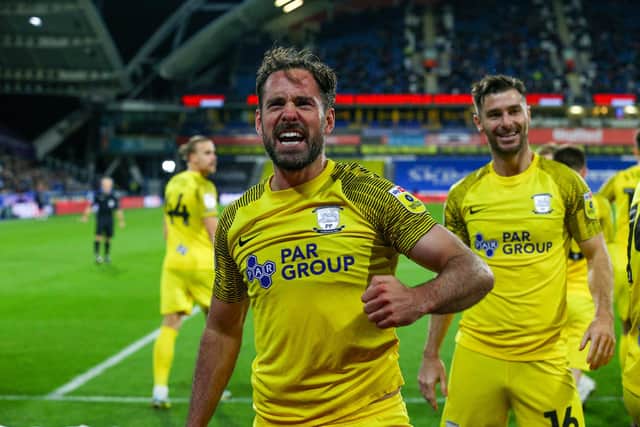Preston North End's Greg Cunningham celebrates scoring the opening goal at Huddersfield.