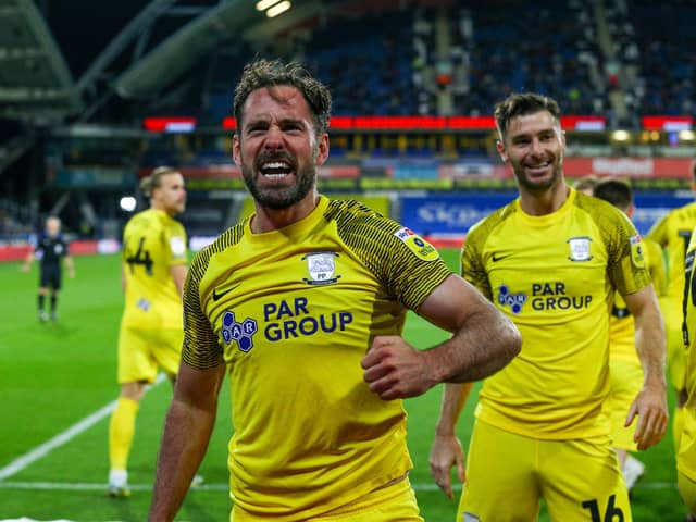 Preston North End's Greg Cunningham celebrates scoring the opening goal at Huddersfield.