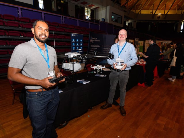 Aadithya Sujit and Ben Watkinson from UCLAN with their drone at Lancashire Business Expo 2022. Photo: Kelvin Stuttard