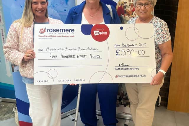 Beth (left), Sheila (centre) and Joan present the Lodge Avenham 184 donation to Rosemere Cancer Foundation raised in tribute to Dot
