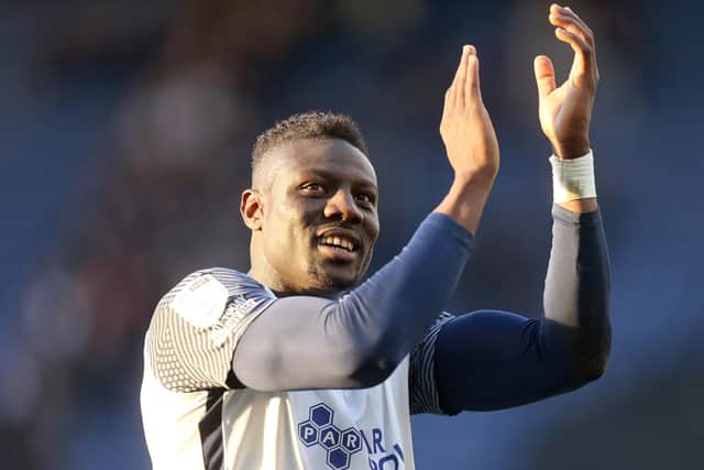 Preston North End defender Bambo Diaby applauds the fans after the victory against Bournemouth at Deepdale