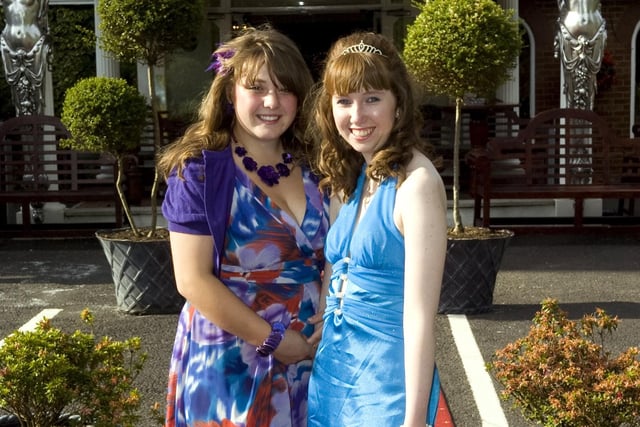 Jessica Furr, 16, and Rebecca Fortey, 16, ready to enter the Pines Hotel in Clayton-le-Woods for the Archbishop Temple School prom in 2010